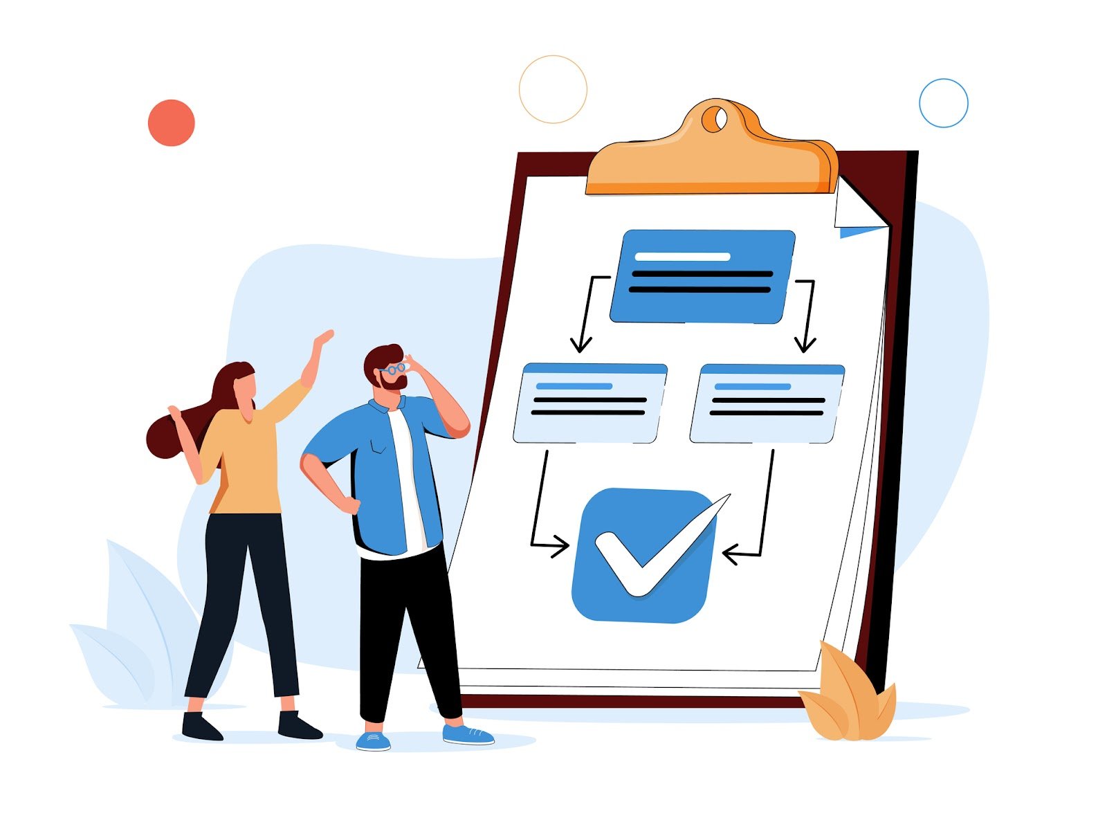 An illustration of two creative employees reviewing a large clipboard with approval workflow diagrams.
