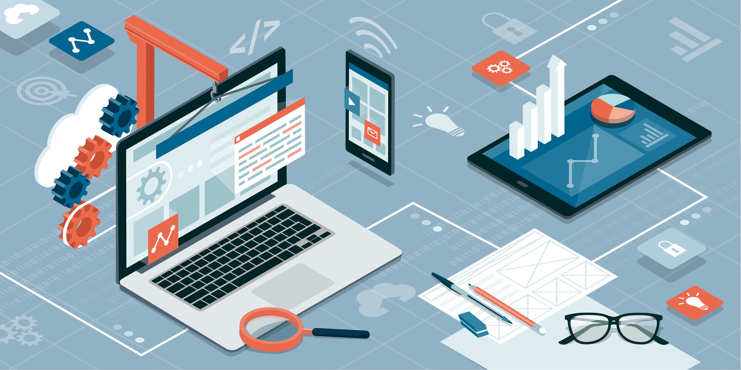 Various illustrated devices and icons that represent marketing automation trends.